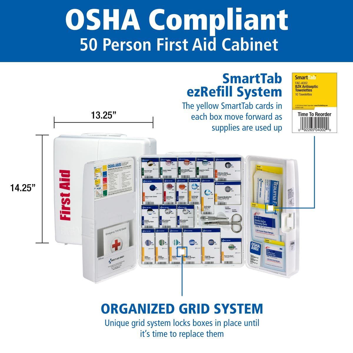First Aid Only SmartCompliance 50-Person OSHA Compliant First Aid Kit for Business and Office Spaces - Large Plastic Cabinet - Emergency Supplies for Cuts, Bruises, and Scrapes - 245 Pieces
