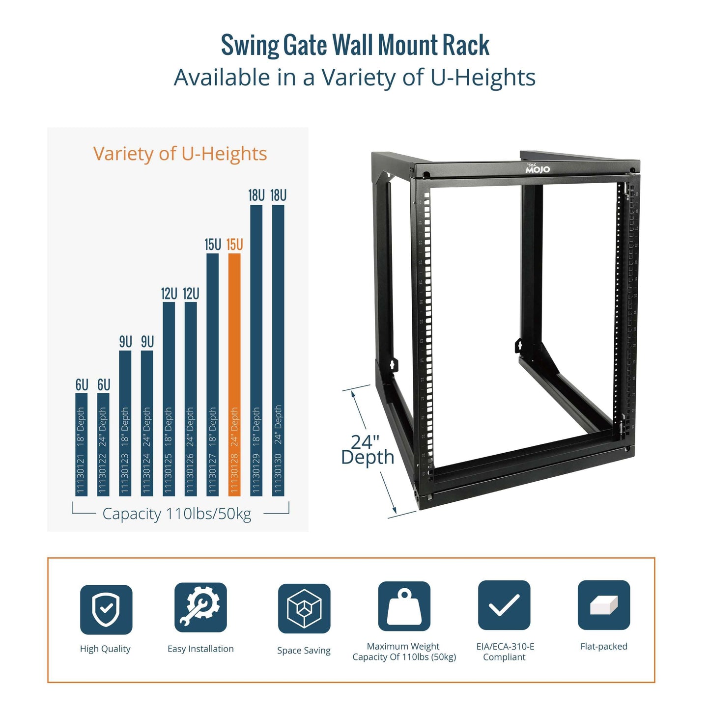 Tecmojo 15U Wall Mount Server Rack, Open Frame Network Rack for 19" Computer/AV/Data/IT/Media Equipment, 24" Depth, 16" Apart Mounting Holes, Swing Gate, Square and Tapped Holes