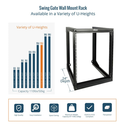Tecmojo 15U Wall Mount Server Rack, Open Frame Network Rack for 19" Computer/AV/Data/IT/Media Equipment, 24" Depth, 16" Apart Mounting Holes, Swing Gate, Square and Tapped Holes