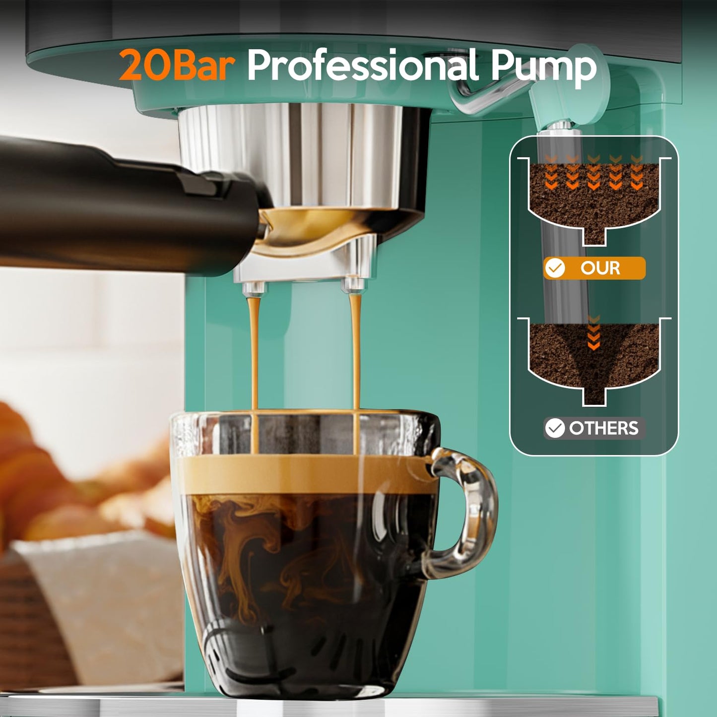 20 Bar Espresso Machine Semi-Automatic, Professional Coffee Maker with Milk Frother Steam Wand & 45OZ Removable Water Tank, Home Barista System for Cappuccino, Latte, Americano-Stainless Steel-Green
