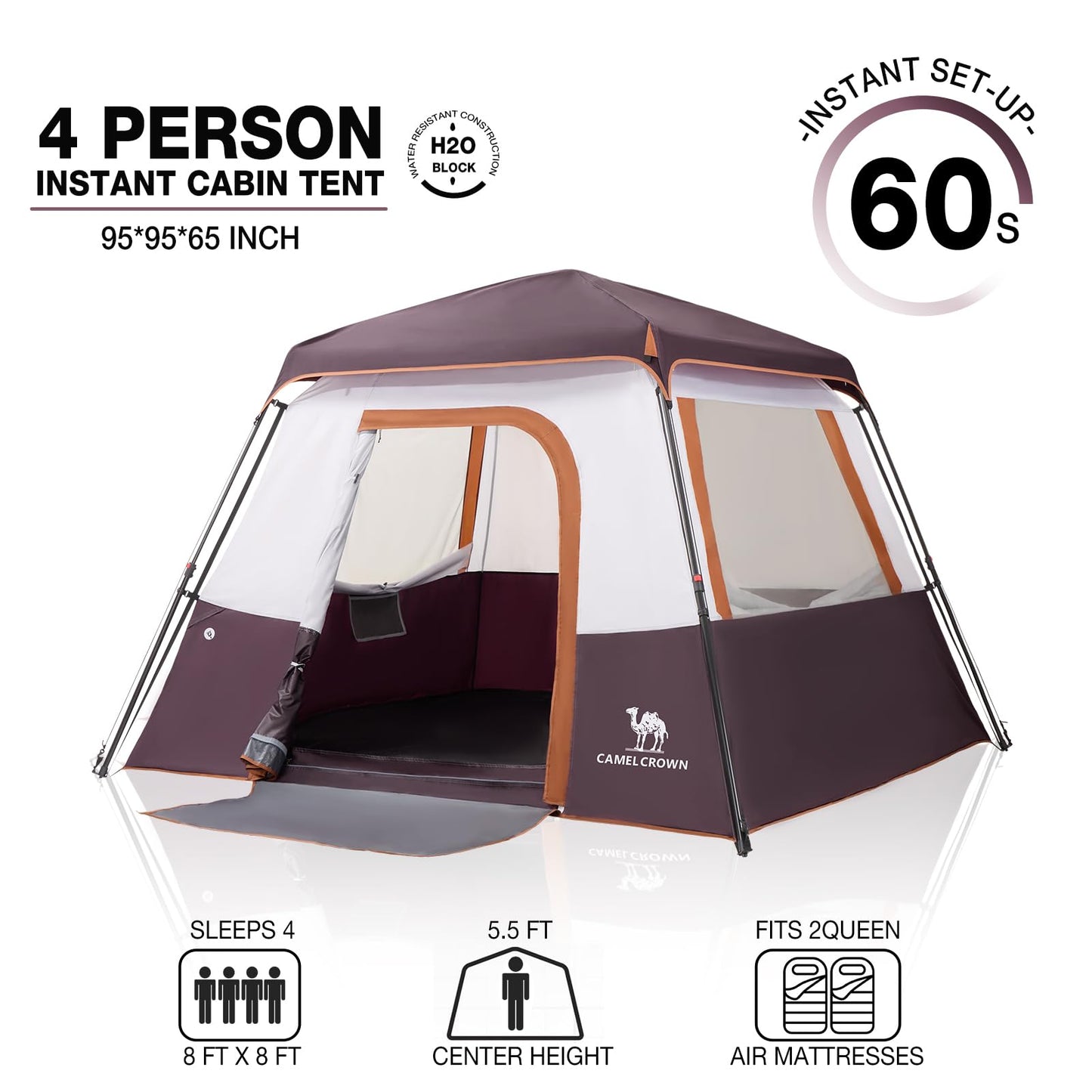 CAMEL CROWN 4/6 Person Instant Cabin Tent, Pop Up Windproof Tents for Camping, 60-Second Setup Family Tent with Carry Bag for Outdoor Hiking