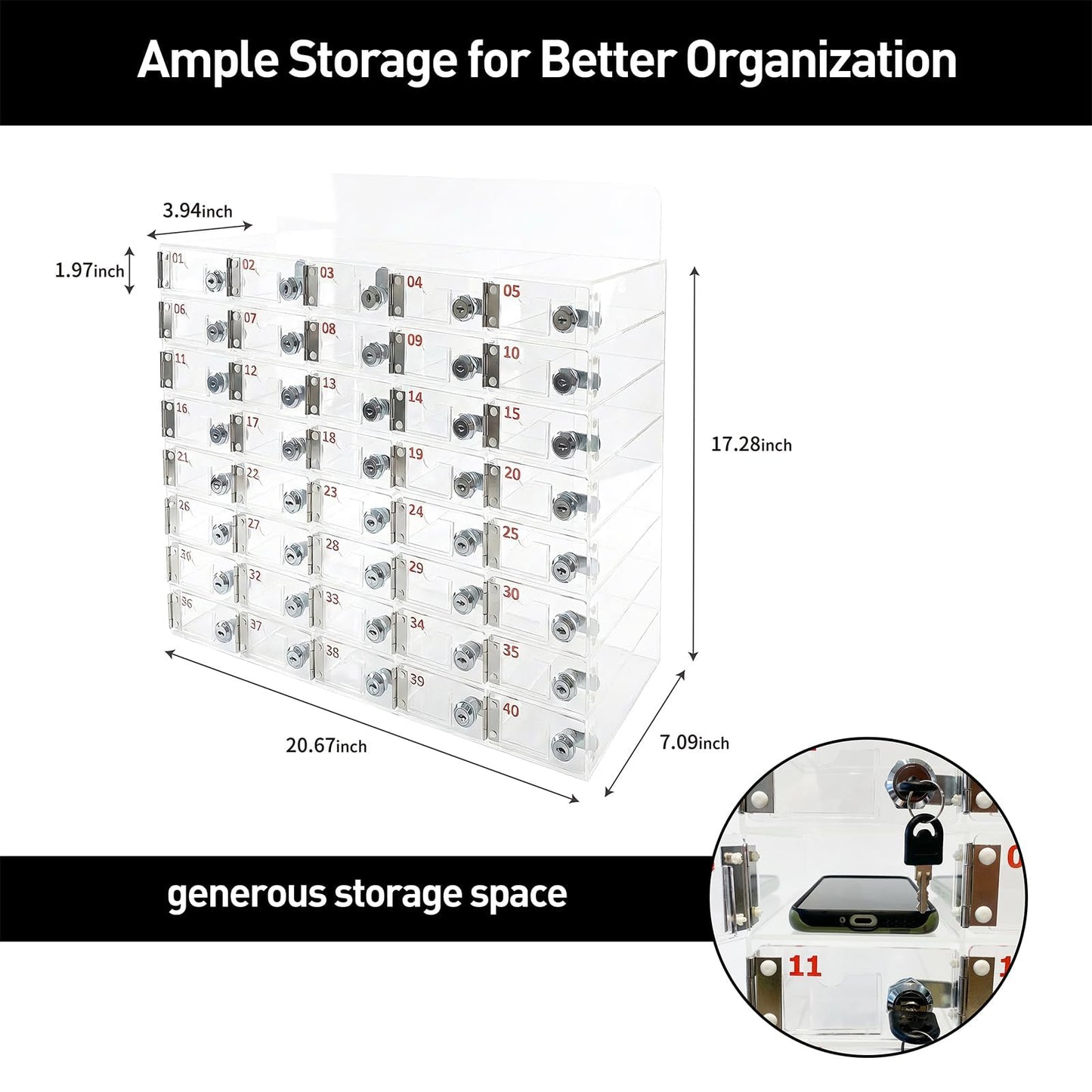automoris 40-Slot Acrylic Cell Phone Locker Box, Large Capacity Clear Phone Storage Cabinet with Keys for Office, Gym, Factory，Swimming Pool, Name Card Slot Cell Phone Locker for Employees