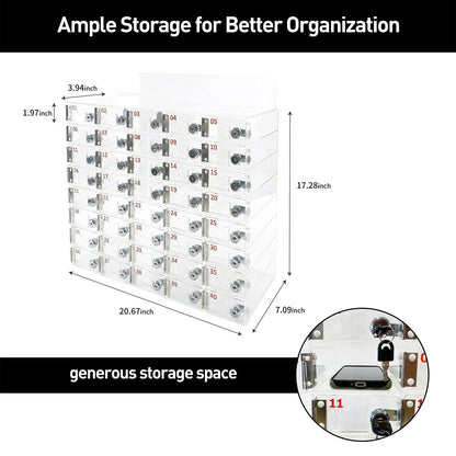automoris 40-Slot Acrylic Cell Phone Locker Box, Large Capacity Clear Phone Storage Cabinet with Keys for Office, Gym, Factory，Swimming Pool, Name Card Slot Cell Phone Locker for Employees