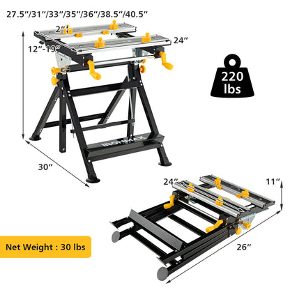 Toolsempire Portable Workbench, Folding Work Bench and Vise with 2 Rotary Handles, 7-Level Adjustable Height, 8 Sliding Clamps, Tiltable & Extendable Tabletop, Workbench Table for Garage, Workshop