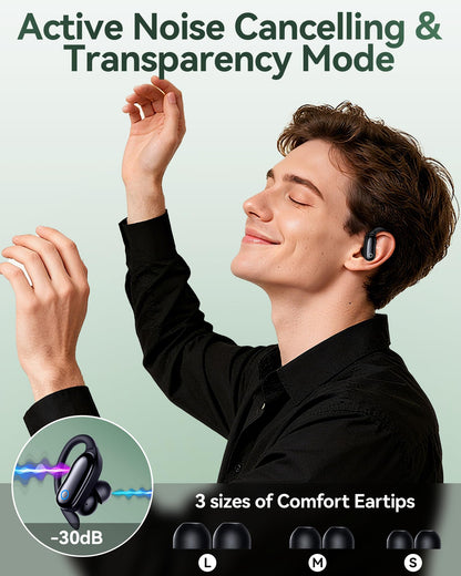 GNMN Active Noise Cancelling Ear Buds Wireless Earbuds 96hrs Playback Bluetooth Headphones Dual Battery Display Stereo Bass Earphones with Earhooks Microphone IPX7 Waterproof for Sports/Workout