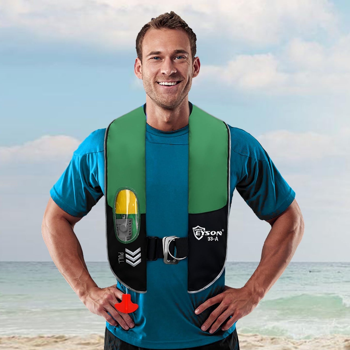 Manual Inflatable Life Jacket,Life Vest for Adult,Preserver PFD for Adults,Supports Weight up to 330 pounds (GREEN-716)