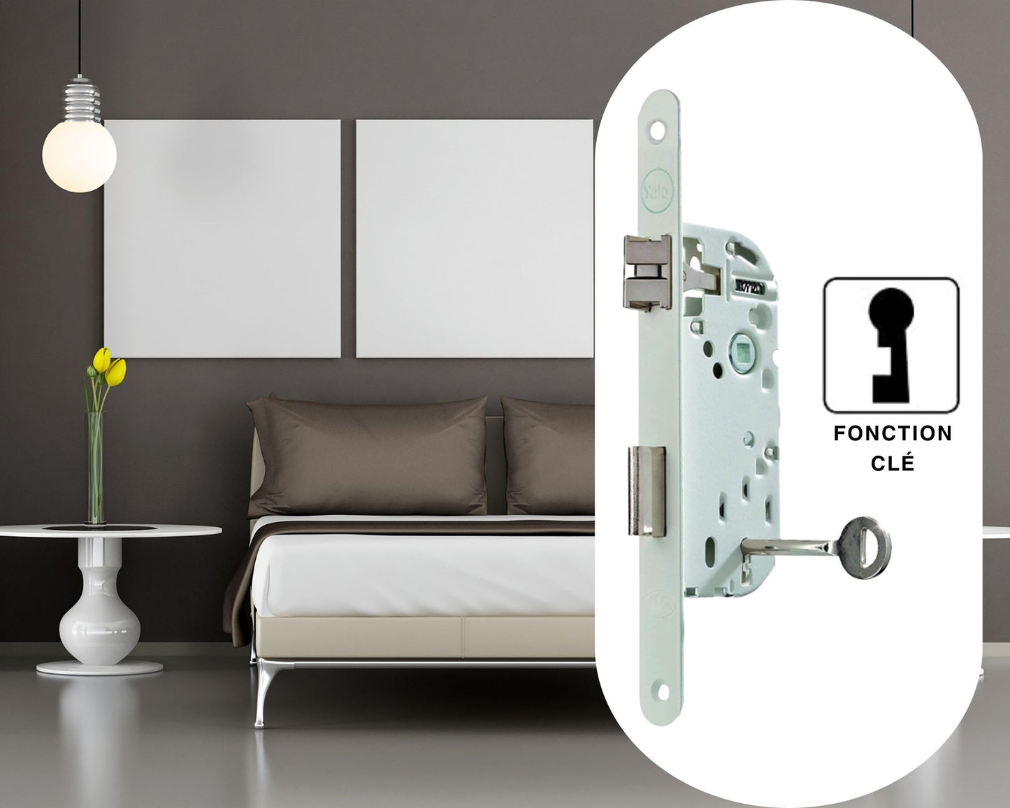 Yale Mortice Lock with Key, Axle 40mm, Chest 135mm - Certified NF Level 2 - Y75R-A40/B/SC - Reversible, Round Spigot - Interior Door, Bedroom, Office - White, Strike Plate and Key