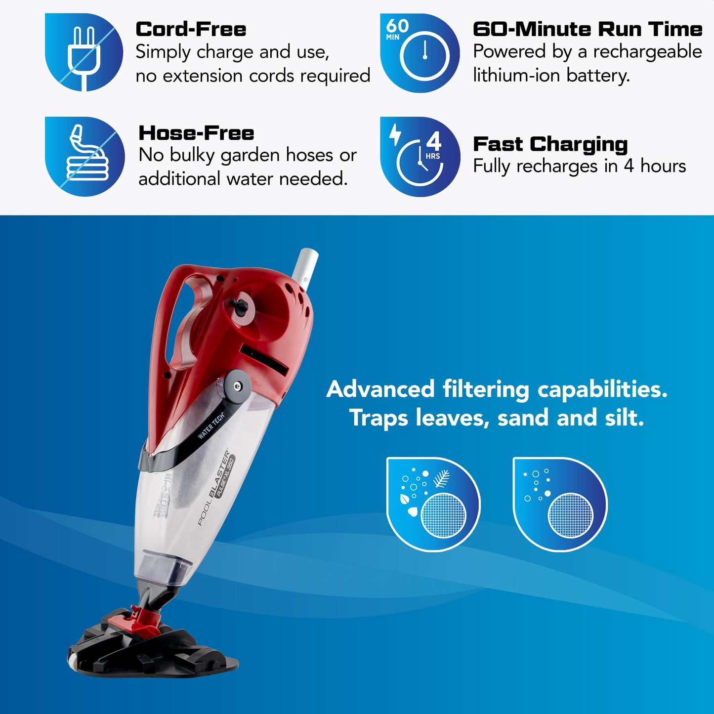 POOL BLASTER Pulse XL 350 Inground & Above Ground Pool Vacuum - American-Engineered Cordless Hoseless Vac with Auto-Start & XL Debris Chamber - Rechargeable Cleaner with 10.5" Head & 60 Min Runtime