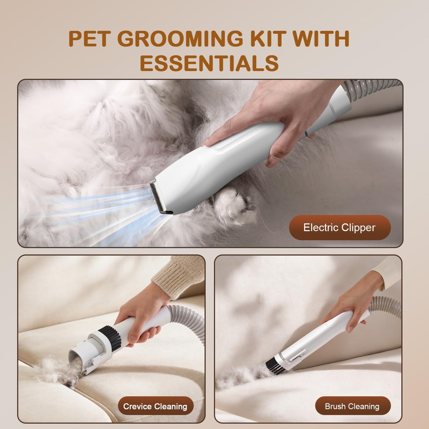 Ozumek Dog Grooming Vacuum, Dog Grooming Kit with Pet Clipper Nail Grinder, 3 Suction Modes Dog Brush Vacuum with 6 Pet Grooming Tools (Cream)