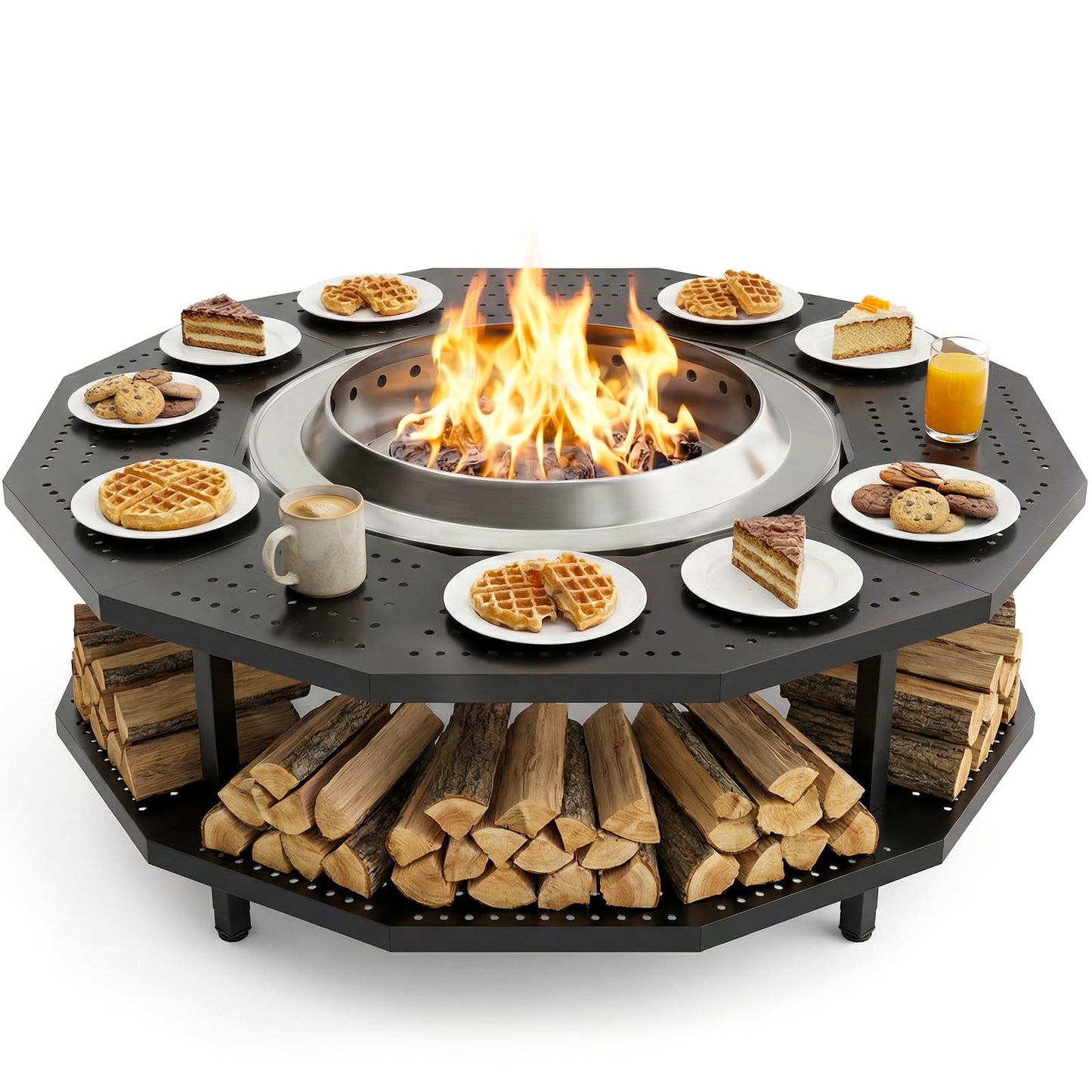 48" Fire Pit Surround Tabletop for Solo Stove Yukon Portable Protective Barrier for Wood Burning Fire Pits Outdoor Bonfire Fire Pit with Firewood Storage Shelf