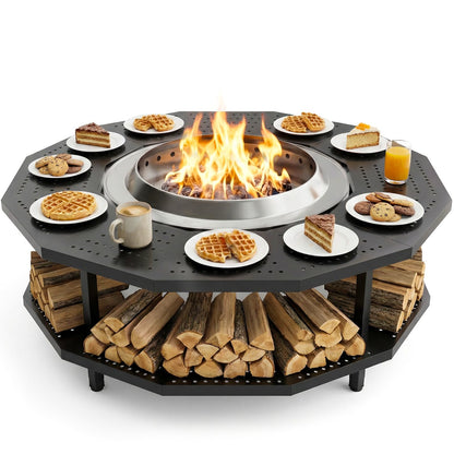 48" Fire Pit Surround Tabletop for Solo Stove Yukon Portable Protective Barrier for Wood Burning Fire Pits Outdoor Bonfire Fire Pit with Firewood Storage Shelf