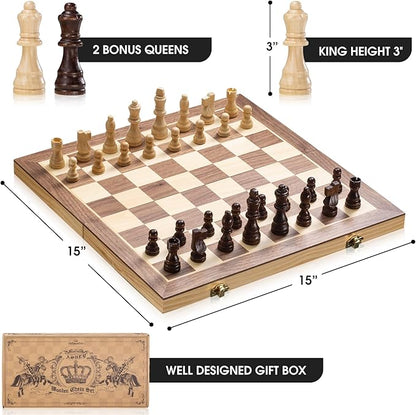 ASNEY Upgraded Magnetic Chess Set 15 Tournament Staunton Wooden Chess Board Game Set with Magnets Crafted Chesspiece ans Storage Slots for Kids Adult Includes Extra Queens