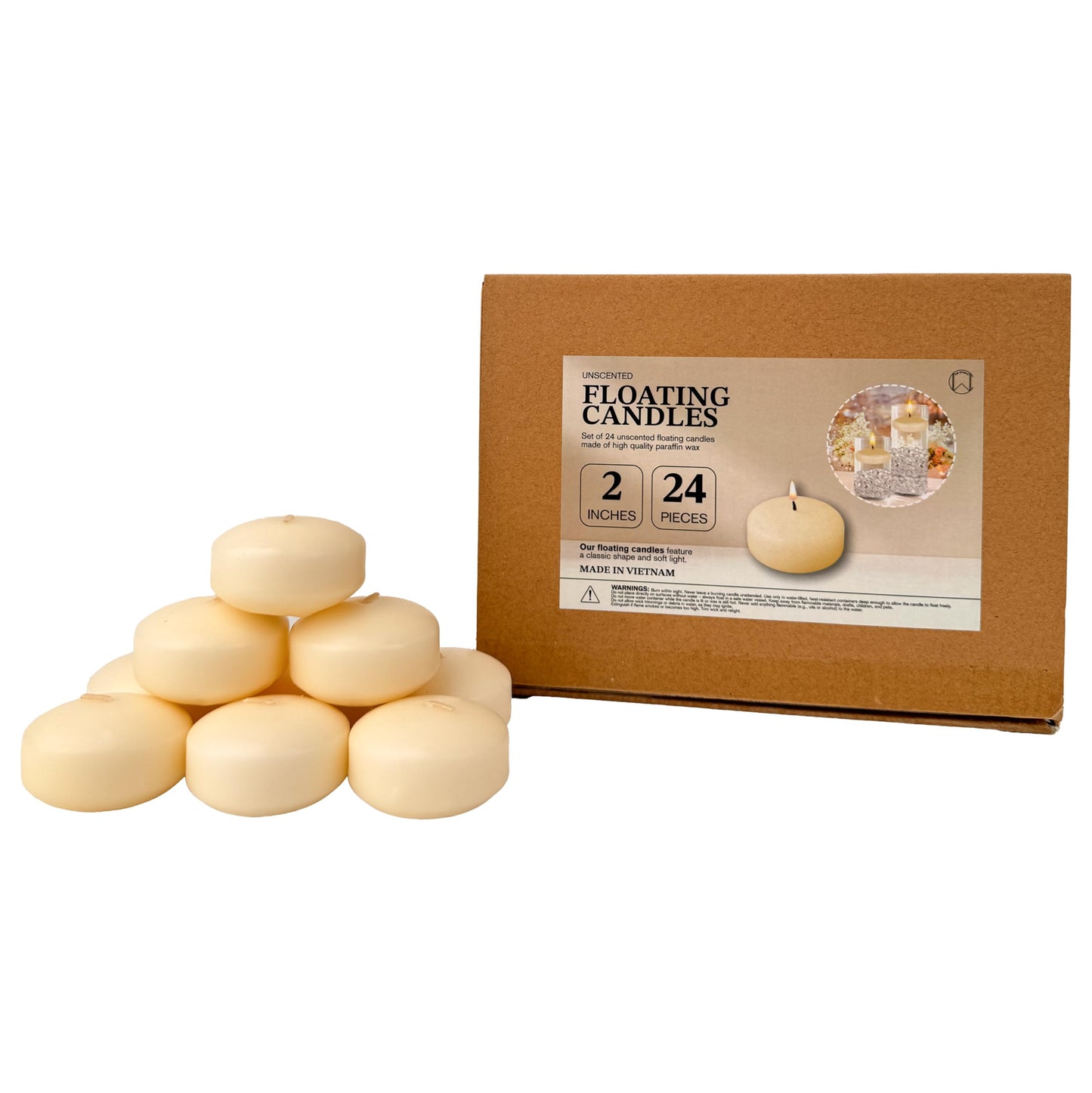 Floating Candles 2 Inch 24 Pack Ivory – CW Studio Unscented 6 Hour Burn, Smokeless Premium Paraffin Wax – for Wedding Centerpieces, Pool, Spa, Parties & Home Decor