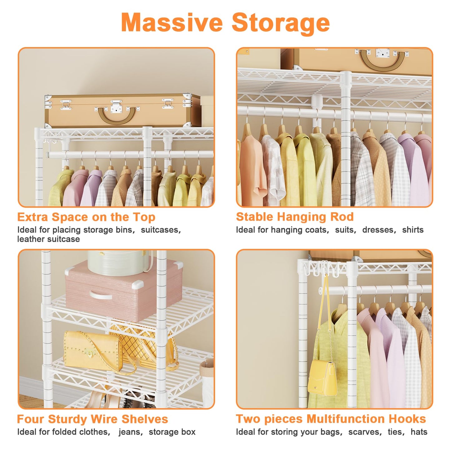 Ulif F4C Heavy Duty Clothes Rack with Dustproof Cover，Freestanding Clothing Racks for Hanging Clothes，Adjustable Closet Organizer System，Portable Garment Rack 45"W*15.8"D*71.3"H，Max Load 600LBS，White