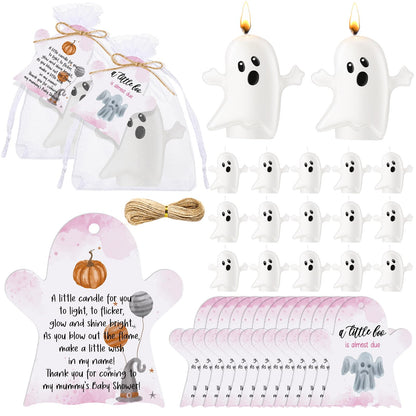 MTLEE 50 Sets Halloween a Little Boo is Almost Du Baby Shower Favors Cute Ghost Candles Unscented with Mini Ghost Thank You Cards Bags for Halloween Boo Gender Reveal Party Supplies (Pink)