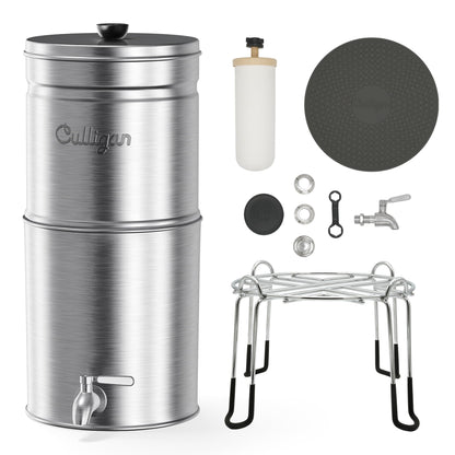 Culligan MaxClear 2.25 Gallon Gravity Water Filter System, Brushed Stainless-Steel Countertop Water Filter NSF/ANSI Certified to Reduce Microplastics, Lead & Total PFAS, with 2 Ceramic Filters