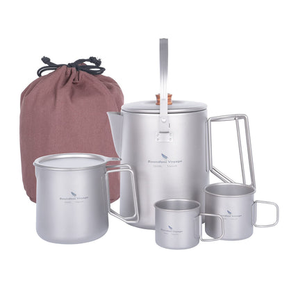 Boundless Voyage Titanium Camping Coffee Pot 1500ml Barista Kettle for Making Coffee, Boiling Water - Outdoor Traveling Campfire Stovetop Fast Brew (Kettle+3 Cups Set)