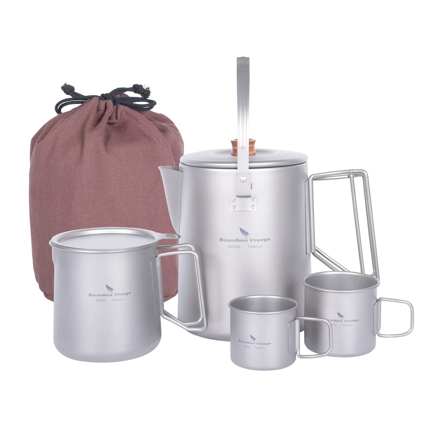 Boundless Voyage Titanium Camping Coffee Pot 1500ml Barista Kettle for Making Coffee, Boiling Water - Outdoor Traveling Campfire Stovetop Fast Brew (Kettle+3 Cups Set)