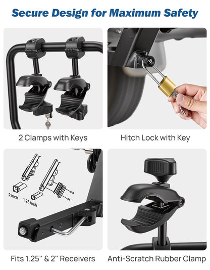 JOYTUTUS Compact & Lightweight 2-Bike Hitch Bike Rack, 150 LBS Capacity for Car SUV Truck with 1¼/2” Receiver, Easy Install Tilting Folding Anti-Wobble Bike Carrier, Fits Most Wheelbases (Max 53'')