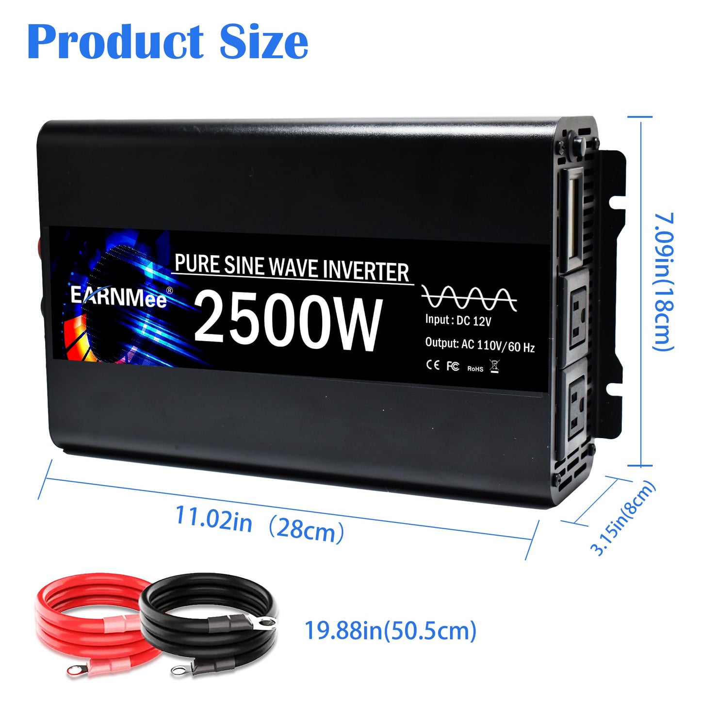Power Inverter 2500 Watt,Vehicles 12V to 110V Converter 2500w,Power Adapter,Pure Sine Wave Inverter for Car,RV,Solar,Truck,Camping Gear,with LCD Display