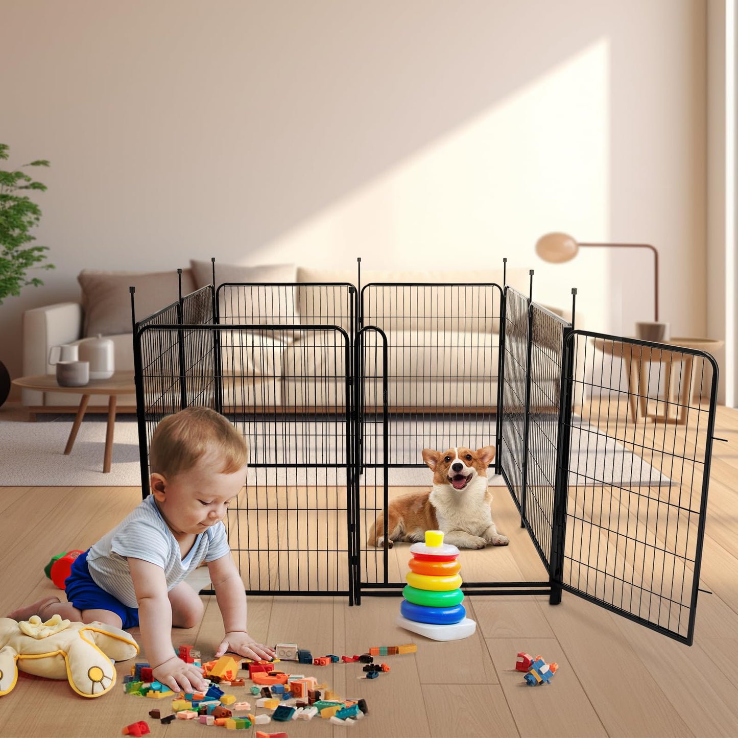 Getlay Garden Fencing 48in High, 8 Panels Total 17.7 Ft(L) Dog Fence Outdoor for Yard, Gate 21 in Wide with Low Sills. Lattice Panels for Outside, Dog Digging Fence Barrier, Garden Fences and Borders