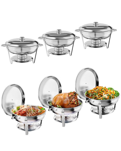 5QT Chafing Dish Buffet Set of 6 Pack, Food Warmers and Servers Round Stainless Steel Chafer with Food & Water Pan, Lid, Frame, Fuel Holder for Catering,Parties and Festivals