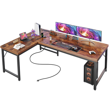 Huuger 55 Inch L Shaped Desk with Power Outlets and USB-C Port, 0.95 Inch Thicker Desktop, Reversible Computer Desk, Larger Office Corner Gaming Desk, Metal Frame, for Home Office, Study, Rustic Brown