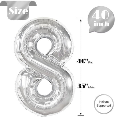 Silver 8 Balloon, Number Balloons 40 Inch, 8th Birthday Decorations for Boys Girls, Silver Birthday Balloons, Silver Party Supplies, Number 8 Balloon
