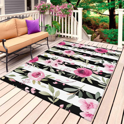 Outdoor Patio Rugs Pink Flowers Illustration Outdoor Area Rug Black and White Stripe Non-Slip Backyard/Camping RV Rug/Deck/Porch Rug Front Door Floor Mat Carpet,5x8ft,