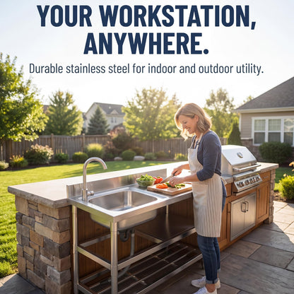 Free Standing Stainless-Steel Single Bowl Commercial Restaurant Kitchen Sink Set w/Faucet & Drainboard, Prep & Utility Washing Hand Basin w/Workbench & Double Storage Shelves Indoor Outdoor (47in)