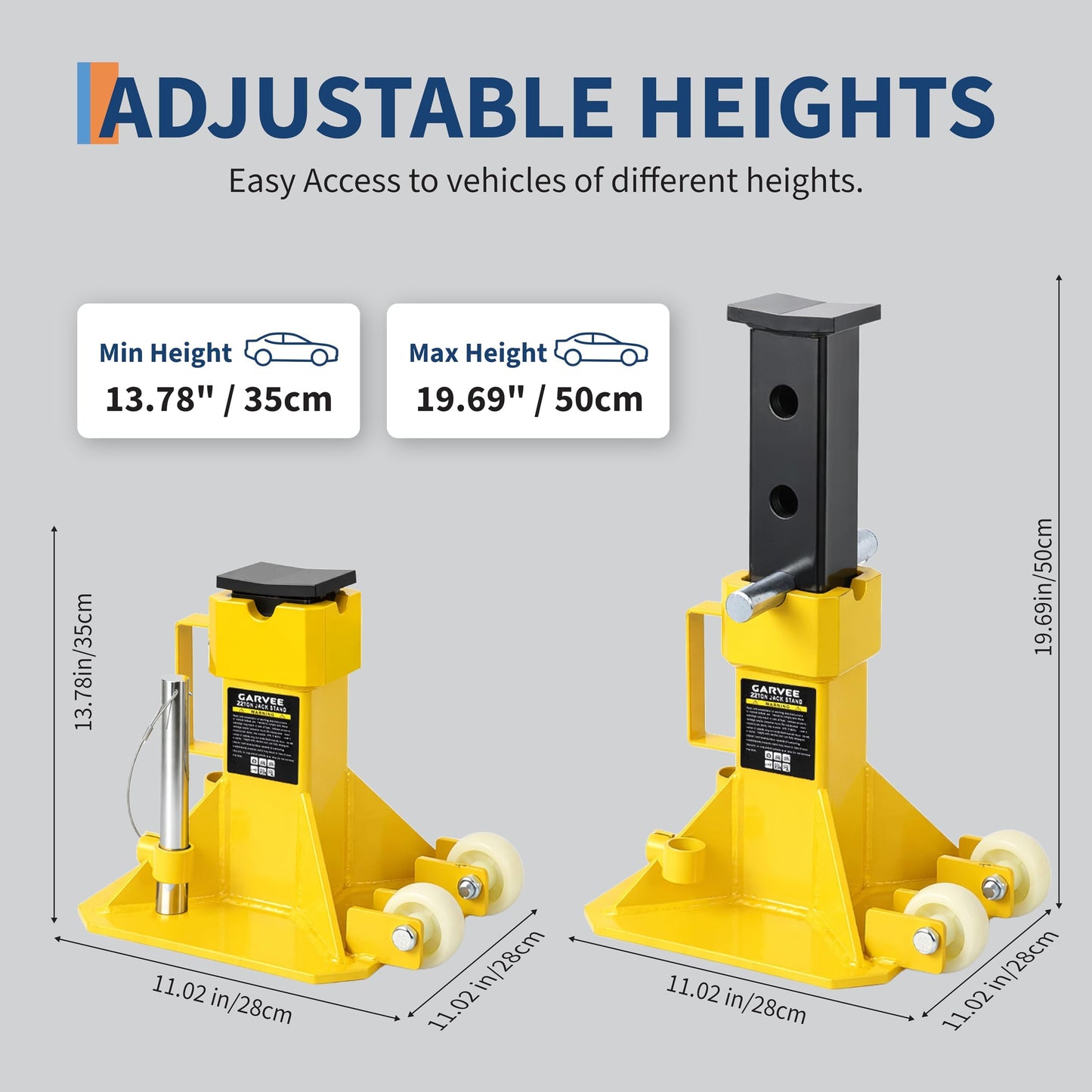 Heavy-Duty 22 Ton Steel Jack Auto Stand, Pin Type Jack Stands with Wheels, 13.8-19.7" Adjustable Height, Support for Trucks, Trailers, and Equipment, Professional Car Jack Stand with Loc,Yellow