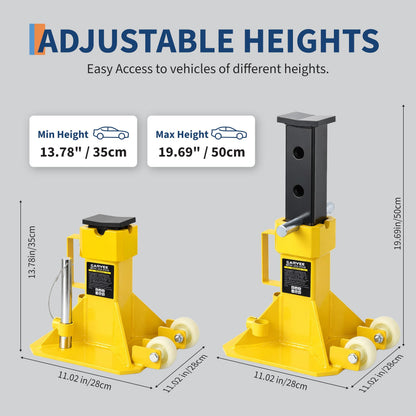 22 Ton Jack Stands, Heavy Duty Pin Type Jack Stands with Locking Pin, Wide Base and Caster Wheels, Adjustable 13.8"–19.7" for Trucks, Trailers & Equipment, Yellow