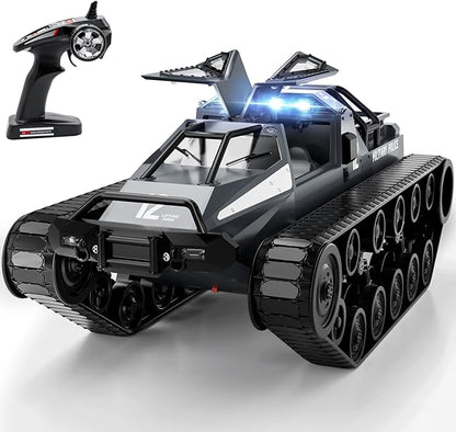 RC Tank Car 1:12 Remote Control Crawler 12KM/H High Speed Tank 2.4Ghz RC Rock Crawler Off-Road 4WD 360°Rotating Drifting Car with Rechargeable BatteryMilitary Truck Toy for Adults and Kids