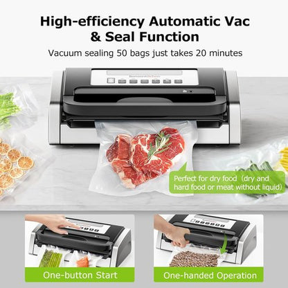 Bonsenkitchen Vacuum Sealer Machine - Powerful Low-Noise Design with Built-In Cutter & Bag Storage | Includes 1 Roll & 10 Bags