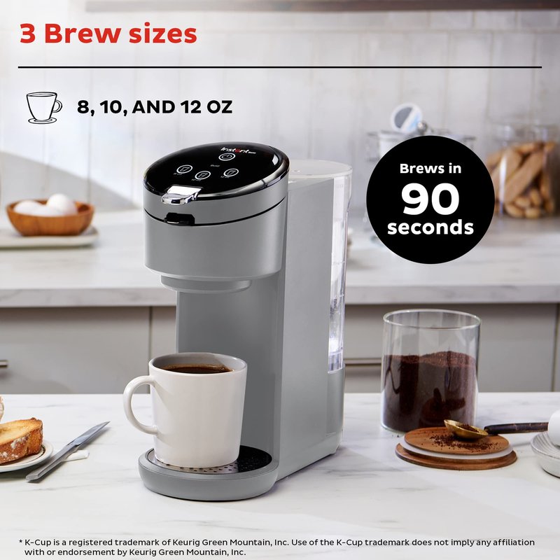 Instant Pot Single Serve K-Cup Pod Compatible Coffee Maker with Reusable Pod & Bold Setting, 8-12oz, 40oz Reservoir, Grey