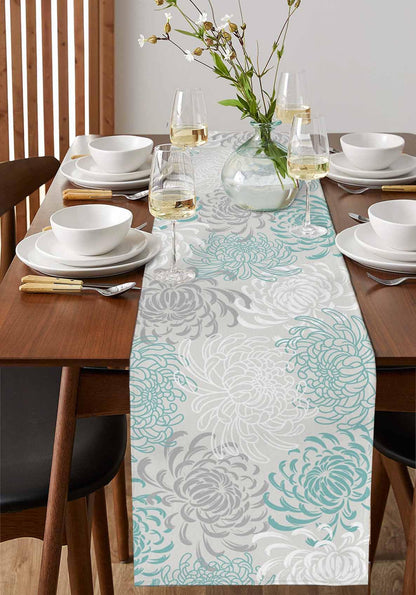 PIEPLE Aqua Chrysanthemum Flowers Table Runner-Cotton Linen-Long 13x108inches Dresser Scarves,Floral Grey Tablerunner for Kitchen Coffee/Dining/End Table Bedroom Living Room,Scarf Decor for Holiday