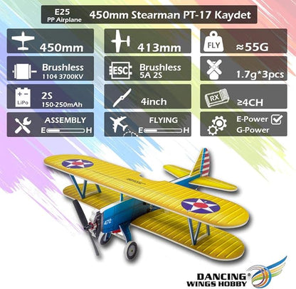 4CH Micro 450mm RC Foamy Indoor Outdoor Biplane Stearman PT-17 Kaydet (E2505-156E)