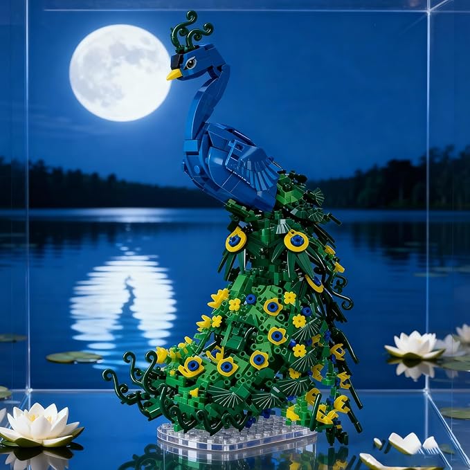 Flowers Peacock Building Block Set Fly Animal Art Bird Peacock on Botanicals Green Vivid Feather DIY Bonsai Tree Bricks Kit Home Office Decor Ideal Valentine's Day Toy Gift for Lover Teen(807PCS)