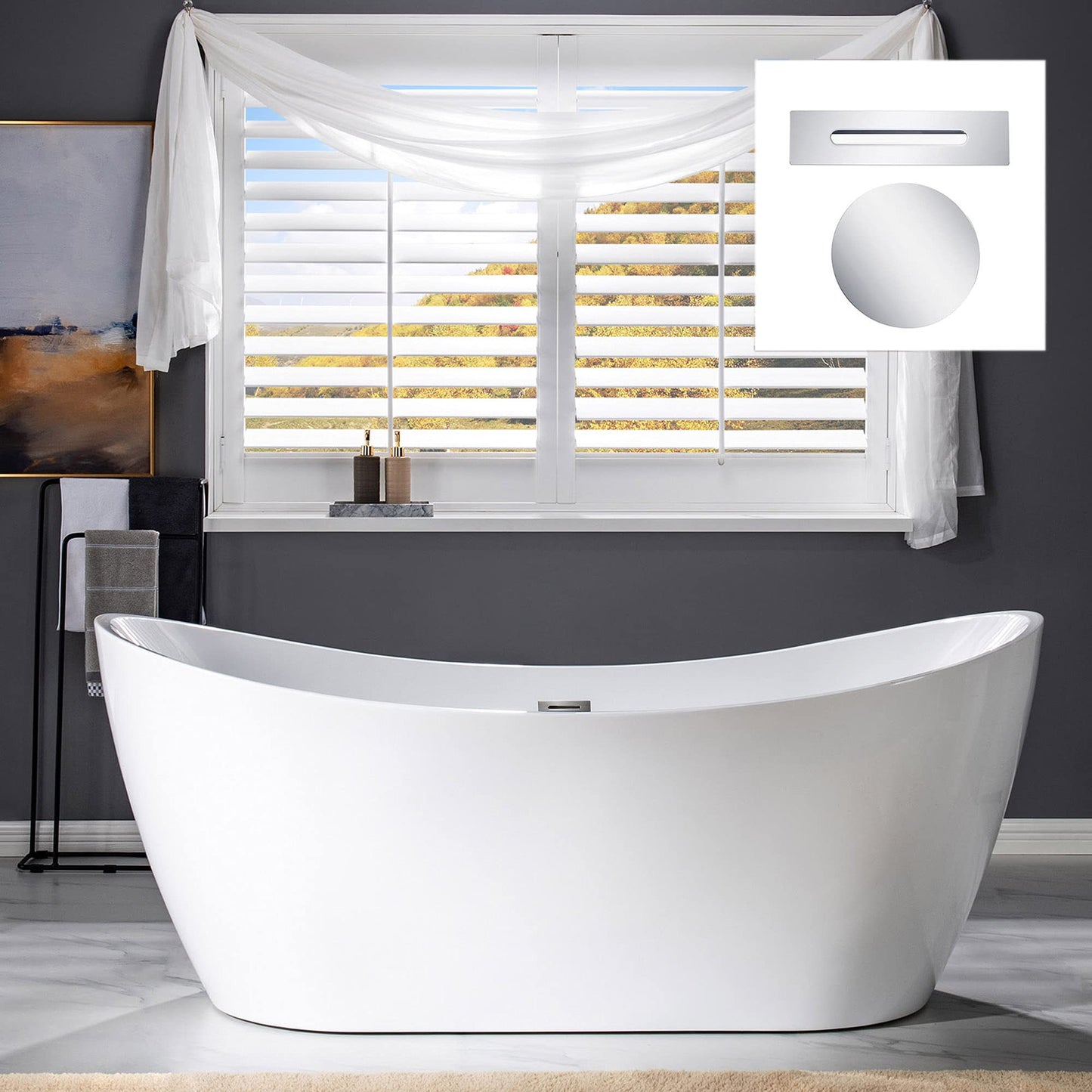 WOODBRIDGE 71"Freestanding White Acylic Soaking Bathtub with Chrome Drain and Overflow,B0017-C