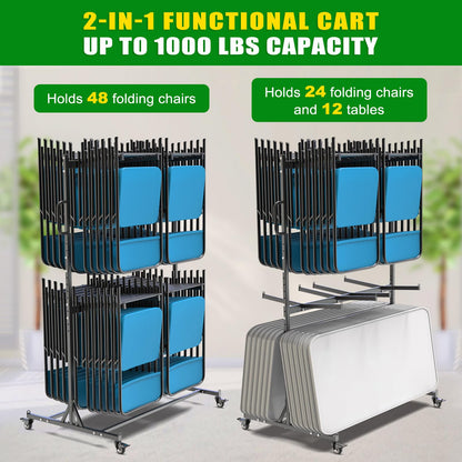 Dolibest Heavy Duty Folding Chair Cart, Folding Chair Rack & 4 Locking Swivel Wheels 48 Chairs/ 24 Chairs +12 Tables, Folding Chair Storage Dolly for Event, Church, Garage, Capacity Up to 1,000 lbs