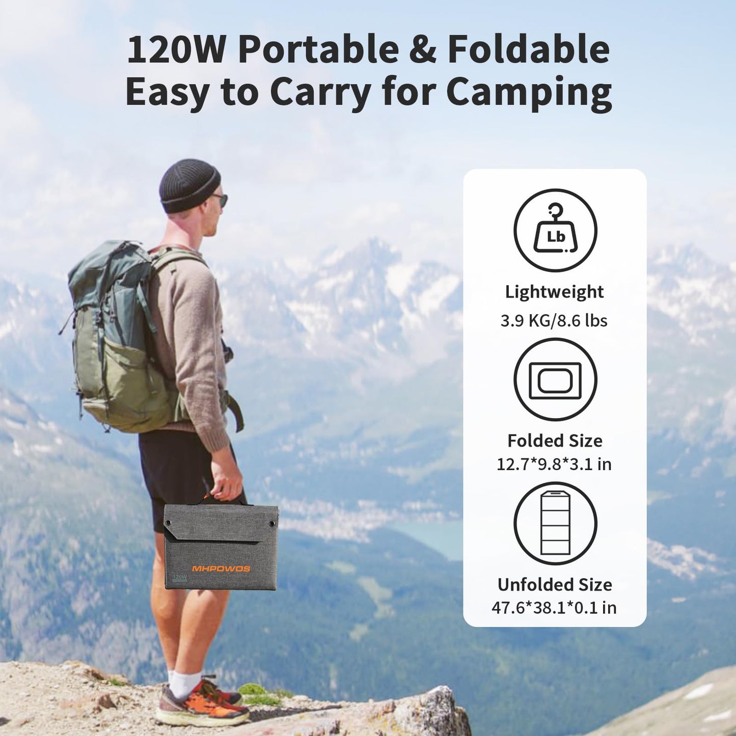 MHPOWOS 120W Foldable Solar Panel, 23% High-Efficiency Portable Charger with USB-C/2xUSB-A/DC Outputs, ETFE Monocrystalline IP65 Waterproof for RV Power Stations Camping Off-Grid Living Backpacking