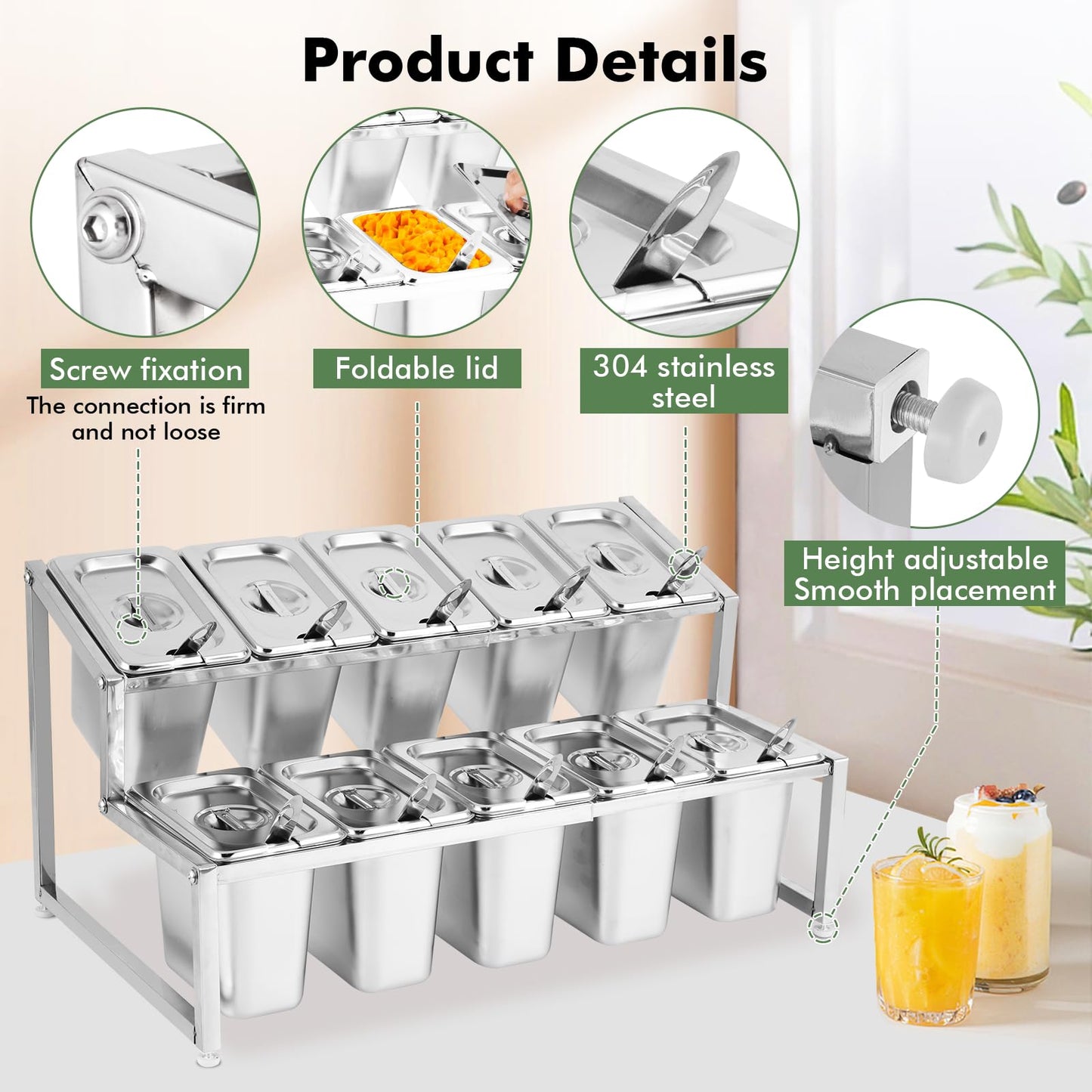 Meticuloso Expandable Spice Rack Stainless Steel Organizer Shelf for Sauce Ingredients Fruits, for Kitchen Pantry Use,10 Spoons,10 Lids&10 Buckets