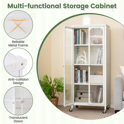 Giantex Bookcase with Doors, 58" Tall 4-Tier Bookshelf with Wheels, Adjustable Shelves, Heavy Duty Metal Frame, Freestanding Display Storage Cabinet for Living Room Bedroom Kitchen Pantry (White)