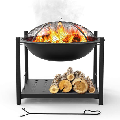 SereneLife Portable Outdoor 2-in-1 Steel BBQ Grill 26" Wood Burning Fire Pit Bowl w/ Mesh Spark Screen, Cover Log Grate, Fire Poker for Camping, Picnic, Bonfire SLCARFP54.5