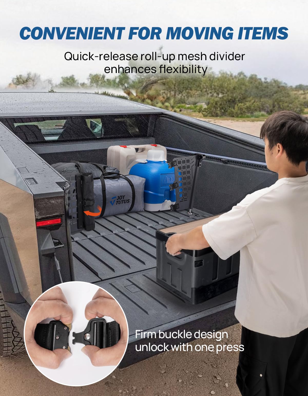 JOYTUTUS Truck Bed Divider Compatible with Cybertruck 2025 2024 2023 Cargo Divider Organizer Steel Molle Panels with Cargo Divider Net Cybertruck Accessories