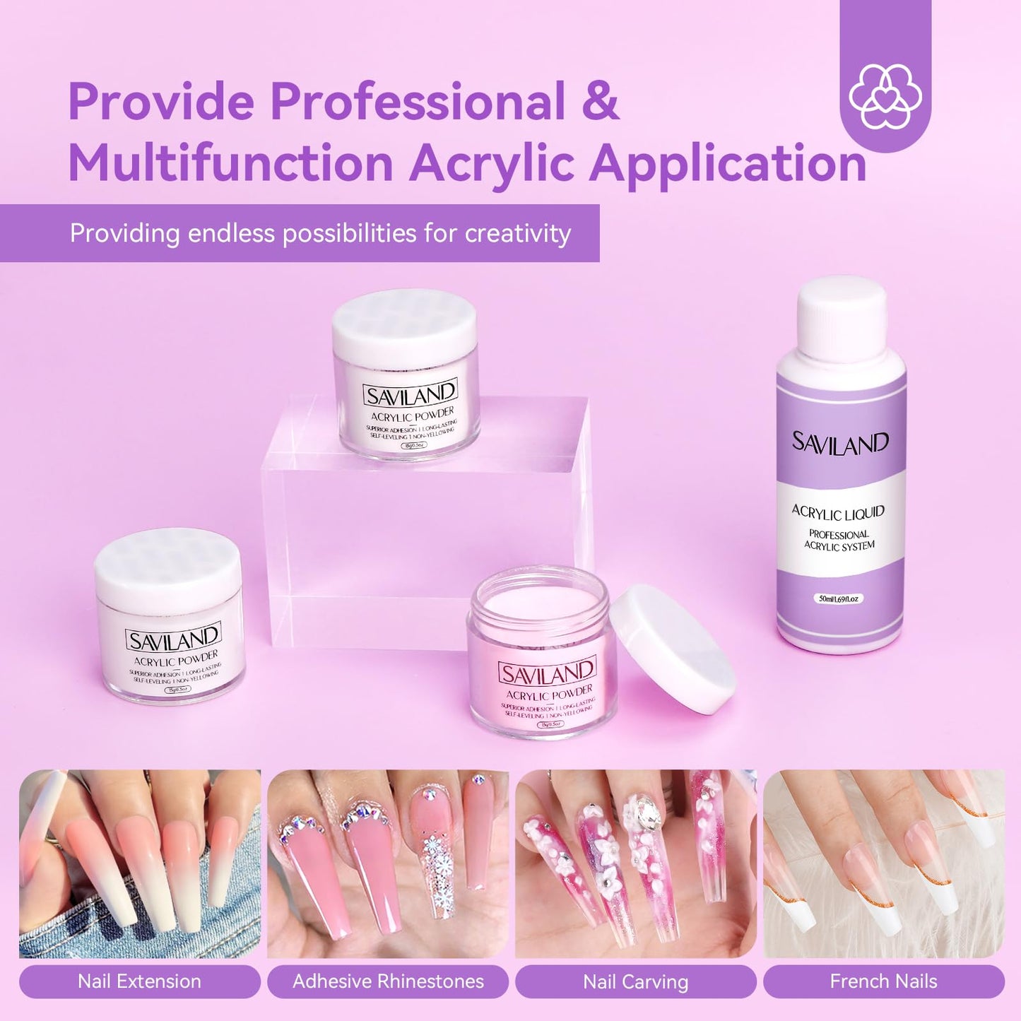 SAVILAND Essentials Acrylic Nail Kit Starter: Acrylic Nail Kit for Beginners with Everything White Pink Clear Acrylic Powder and Liquid Set #8/10/14 Nail Brush Forms Manicure Tools Home Nail Salon DIY