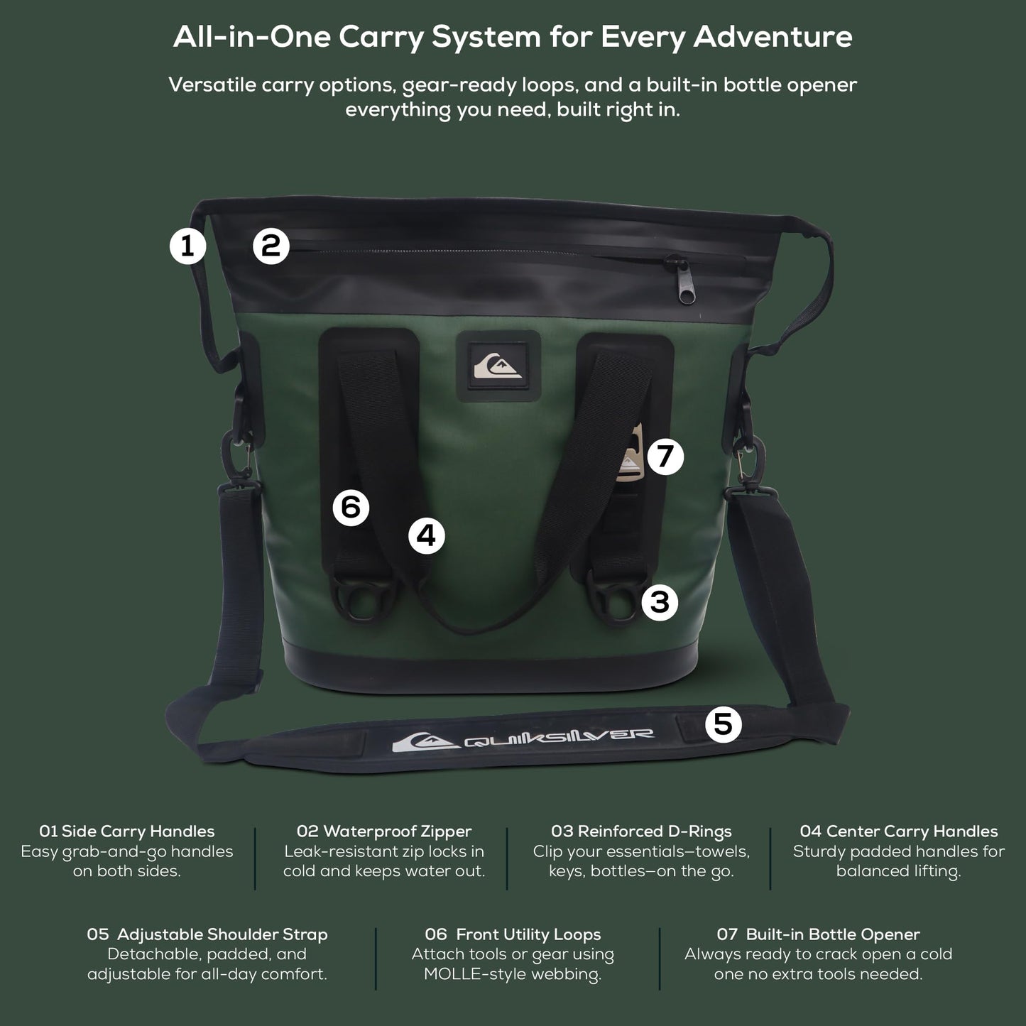 Quiksilver Tote Bag Soft Cooler 20L, Holds 24 Cans, 48 Hour Insulation, Leakproof & Waterproof Design, Heavy Duty TPU, IPX7, Multiple Padded Straps, Bottle Opener (Trekking Green)