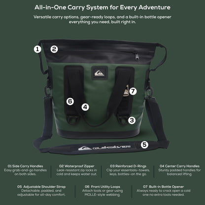 Quiksilver Tote Bag Soft Cooler 20L, Holds 24 Cans, 48 Hour Insulation, Leakproof & Waterproof Design, Heavy Duty TPU, IPX7, Multiple Padded Straps, Bottle Opener (Trekking Green)
