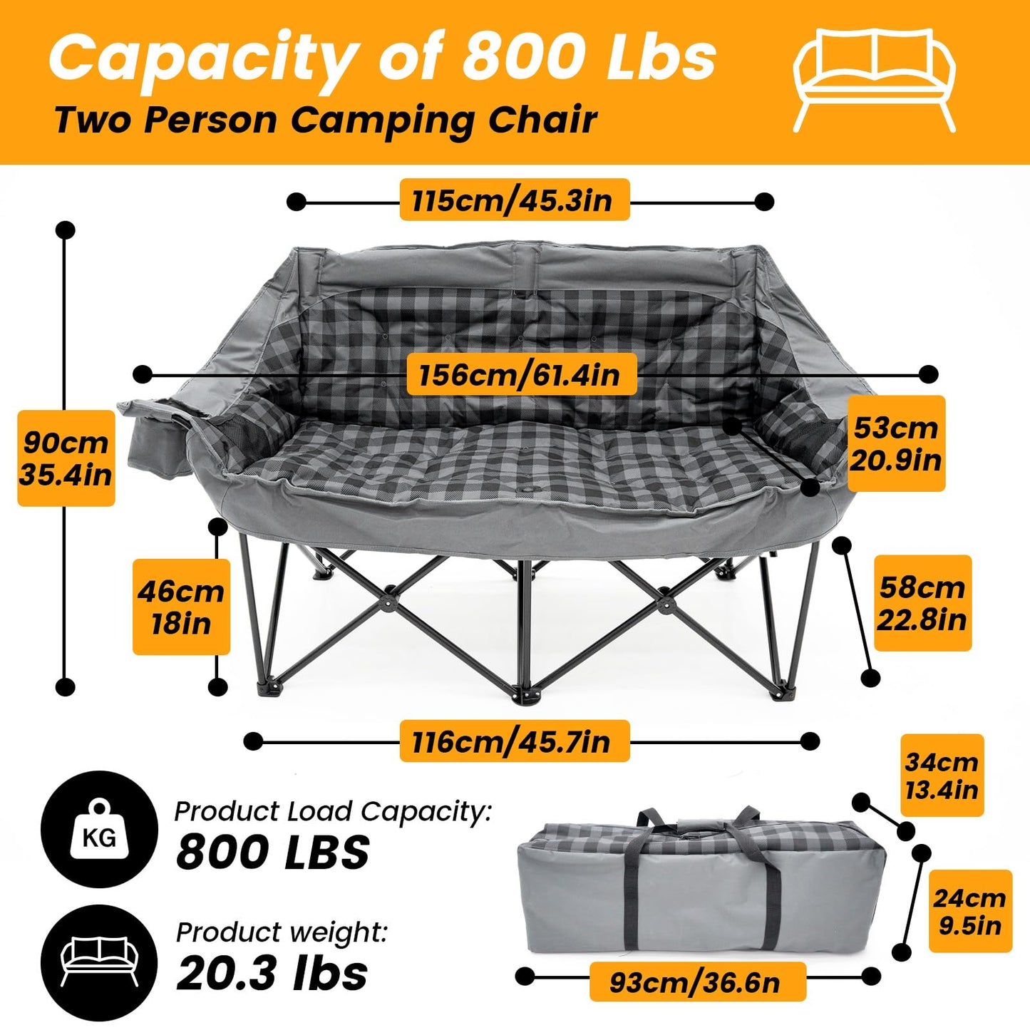Heated Double Camping Chair with 2 Battery, Padded Camping Couch with 3 Heat Levels and 4 Heating Zones, Oversized Camp Loveseat Support 800lbs for Soccer Games, Tailgating, RV Travel, Beach Days