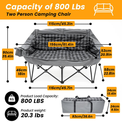 Heated Double Camping Chair with 2 Battery, Padded Camping Couch with 3 Heat Levels and 4 Heating Zones, Oversized Camp Loveseat Support 800lbs for Soccer Games, Tailgating, RV Travel, Beach Days